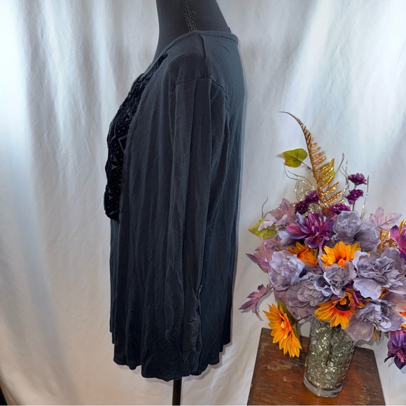 Lucky Brand 1X Black Henley Top Velvet Burnout Geo Boho Long Sleeve - Picture 3 of 8